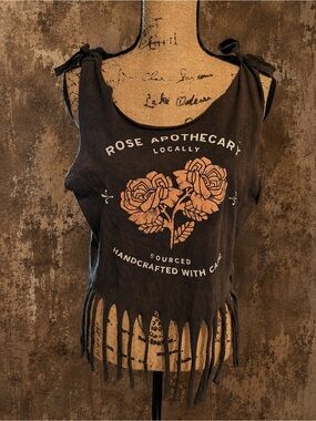 Rose Apothecary Fringe Tank Top | Boho Festival Graphic | Size Medium
